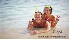  Presentation with divers - Presentation featuring couple of happy scuba divers lying in water background and a coral colored foreground