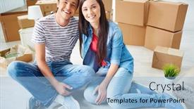  Presentation with floor - Presentation design enhanced with couple-of-happy-settlers-sitting background and a light blue colored foreground