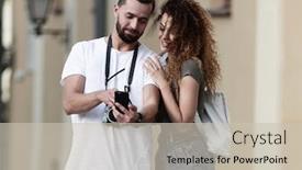  Presentation with tourists - Cool new PPT layouts with couple of happy smiling tourists walking around the city backdrop and a soft green colored foreground