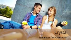  Presentation with teens - Presentation theme having couple of happy teens with apples chatting outside background and a coral colored foreground