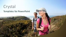  Presentation with country - PPT layouts enhanced with couple of hikers in country field by the ocean background and a sky blue colored foreground