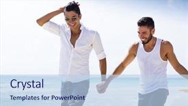  Presentation with friends - Cool new presentation design with couple of male friends running backdrop and a light blue colored foreground