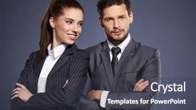  Presentation with managers - Slide deck enhanced with couple of managers in suits background and a dark gray colored foreground