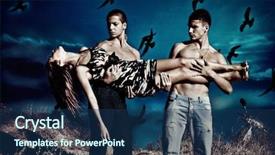  Presentation with night sky - Colorful presentation enhanced with couple of men hold young woman night scene birds fly over night sky small amount of grain added backdrop and a ocean colored foreground