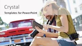  Presentation with shots - Presentation theme consisting of couple of photographers checking photo shots on tablet background and a white colored foreground