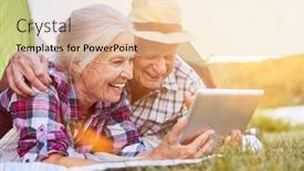  Presentation with active seniors senior couple - Audience pleasing slide set consisting of couple-of-seniors-at-videochat backdrop and a lemonade colored foreground