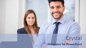  Presentation with couple - PPT theme with couple-of-smiling-business-people background and a light blue colored foreground