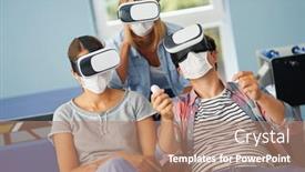  Presentation with video games playing - Beautiful slide deck featuring couple-of-students-wearing-masks backdrop and a coral colored foreground