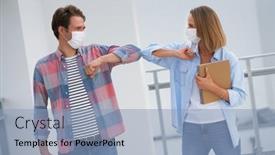  Presentation with saying - Slide set having couple-of-students-wearing-masks background and a light blue colored foreground