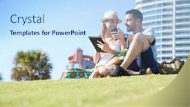  Presentation with miami - Audience pleasing PPT theme consisting of couple of tourists connected with tablet by miami waterfront buildings backdrop and a sky blue colored foreground