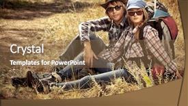  Presentation with tourists - Presentation featuring couple of tourists having a rest on a trekking trail background and a coral colored foreground