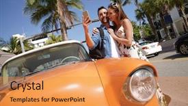  Presentation with miami - Colorful PPT theme enhanced with couple of tourists in miami backdrop and a gold colored foreground