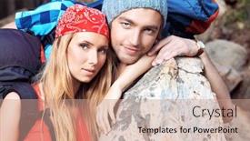  Presentation with journey - Theme having couple of tourists making their journey at the mountains background and a coral colored foreground