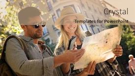  Presentation with city map - Beautiful PPT theme featuring couple-of-tourists-scanning-information backdrop and a coral colored foreground