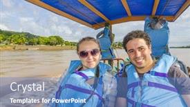  Presentation with boat river - Colorful slide deck enhanced with couple of tourists traveling in touristic boat down the beni river in bolivian jungle rurrenabaque region backdrop and a teal colored foreground