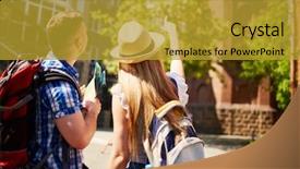  Presentation with tourists - PPT theme enhanced with couple of tourists travelling in other city background and a gold colored foreground