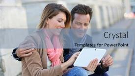  Presentation with using digital tablet - Amazing PPT theme having couple of tourists using digital tablet in town backdrop and a light blue colored foreground