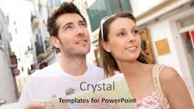  Presentation with tourists - Presentation theme having couple of tourists visiting city street of ibiza background and a lemonade colored foreground