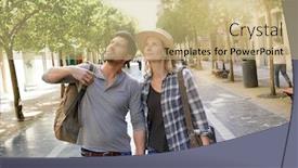  Presentation with tourists - Beautiful PPT theme featuring couple of tourists walking in shopping street backdrop and a coral colored foreground