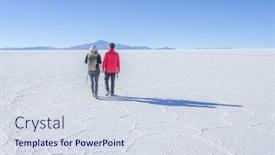  Presentation with tourists - PPT theme featuring couple of tourists walking at salar de uyuni bolivia background and a sky blue colored foreground