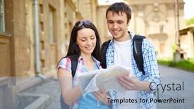  Presentation with ancient map - Theme consisting of couple of travelers studying map of ancient town during their journey background and a light blue colored foreground