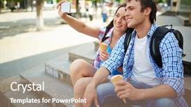  Presentation with journey - Presentation featuring couple of travelers with ice-cream taking photo of themselves during journey background and a coral colored foreground