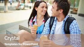  Presentation with journey - Presentation theme enhanced with couple of travelers with ice-cream taking photo of themselves during journey background and a coral colored foreground