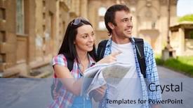  Presentation with map - PPT theme enhanced with couple of travelers with map background and a  colored foreground
