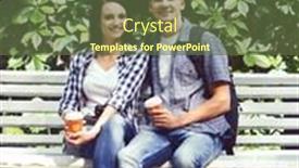  Presentation with journey - Slide deck featuring couple of traveling hipsters sitting on bench holiday vacation summer journey concept background and a tawny brown colored foreground