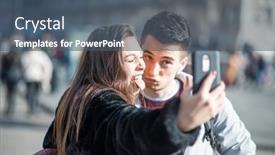  Presentation with selfie - Presentation design consisting of couple-of-turists-taking background and a ocean colored foreground