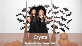  Presentation with halloween flying bats note - Audience pleasing PPT theme consisting of couple of two happy funny backdrop and a coral colored foreground