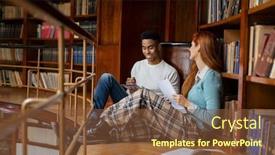  Presentation with university library - Beautiful PPT layouts featuring couple-of-university-students backdrop and a tawny brown colored foreground