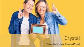  Presentation with frame - Colorful slide deck enhanced with couple-of-women-holding-empty backdrop and a yellow colored foreground