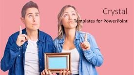  Presentation with unhappy women - PPT layouts featuring couple-of-women-holding-empty background and a coral colored foreground