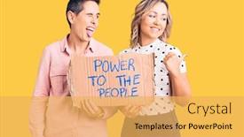  Presentation with power - Amazing PPT theme having couple-of-women-holding-power backdrop and a yellow colored foreground