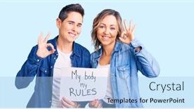  Presentation with women body - Colorful PPT layouts enhanced with couple-of-women-holding backdrop and a light blue colored foreground