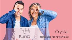  Presentation with women body - Slides having couple-of-women-holding background and a coral colored foreground