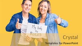  Presentation with women body - Colorful theme enhanced with couple-of-women-holding backdrop and a yellow colored foreground