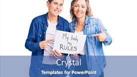  Presentation with women body - Amazing PPT theme having couple-of-women-holding backdrop and a ocean colored foreground