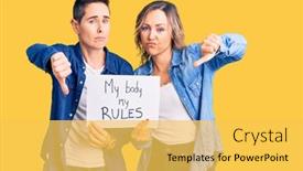  Presentation with women body - Beautiful slide set featuring couple-of-women-holding backdrop and a yellow colored foreground