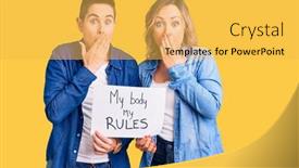  Presentation with women body - Colorful presentation enhanced with couple-of-women-holding backdrop and a yellow colored foreground