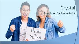  Presentation with women body - PPT theme with couple-of-women-holding background and a cool aqua colored foreground