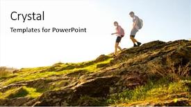  Presentation with hiking - Beautiful presentation featuring couple of young happy travelers backdrop and a white colored foreground