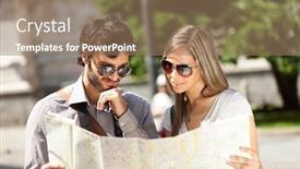  Presentation with city map - Audience pleasing slides consisting of couple-of-young-tourists-reading backdrop and a coral colored foreground