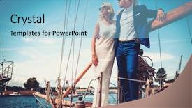  Presentation with luxury yacht - PPT theme having couple on a luxury yacht background and a light blue colored foreground