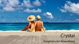  Presentation with tropical beach party - Beautiful presentation theme featuring couple on a tropical beach backdrop and a coral colored foreground
