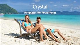  Presentation with lounge - Audience pleasing PPT theme consisting of couple on a tropical beach in chaise lounge backdrop and a teal colored foreground