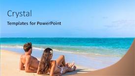  Presentation with holiday destination - Presentation theme enhanced with couple on beach travel honeymoon vacation lying down sunbathing relaxing on luxury holiday in idyllic destination young tourists in love background and a light blue colored foreground