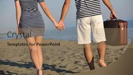 Presentation with beach bag - Beautiful slides featuring couple on beach with travel bag representing freedom and honeymoon concept backdrop and a coral colored foreground