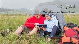  Presentation with tent - Slide set enhanced with couple on camping trip using a digital tablet outside their tent background and a light gray colored foreground